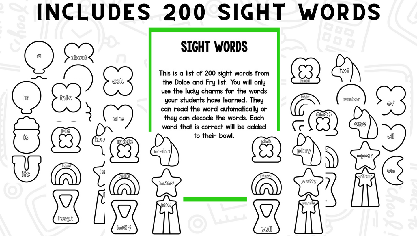 Lucky Charms Sight Words, CVC Words, & Letters Phonics Project