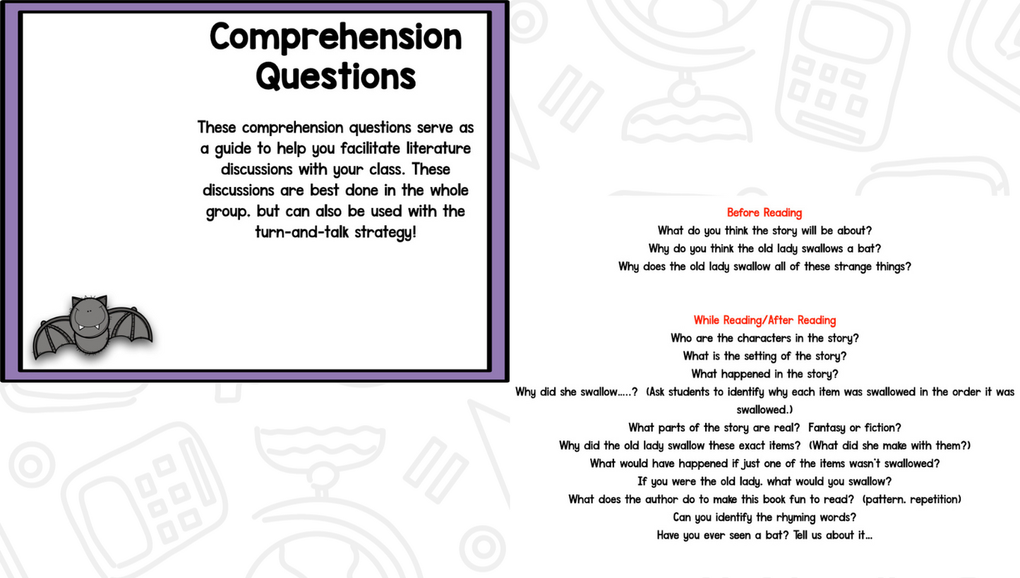 Bats and Fall Reading Comprehension | October Literacy Lessons for There Was an Old Lady Who Swallowed A Bat