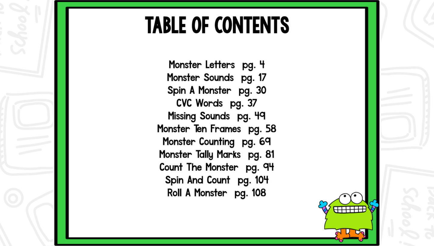 Monsters Blackline Math and Literacy Centers