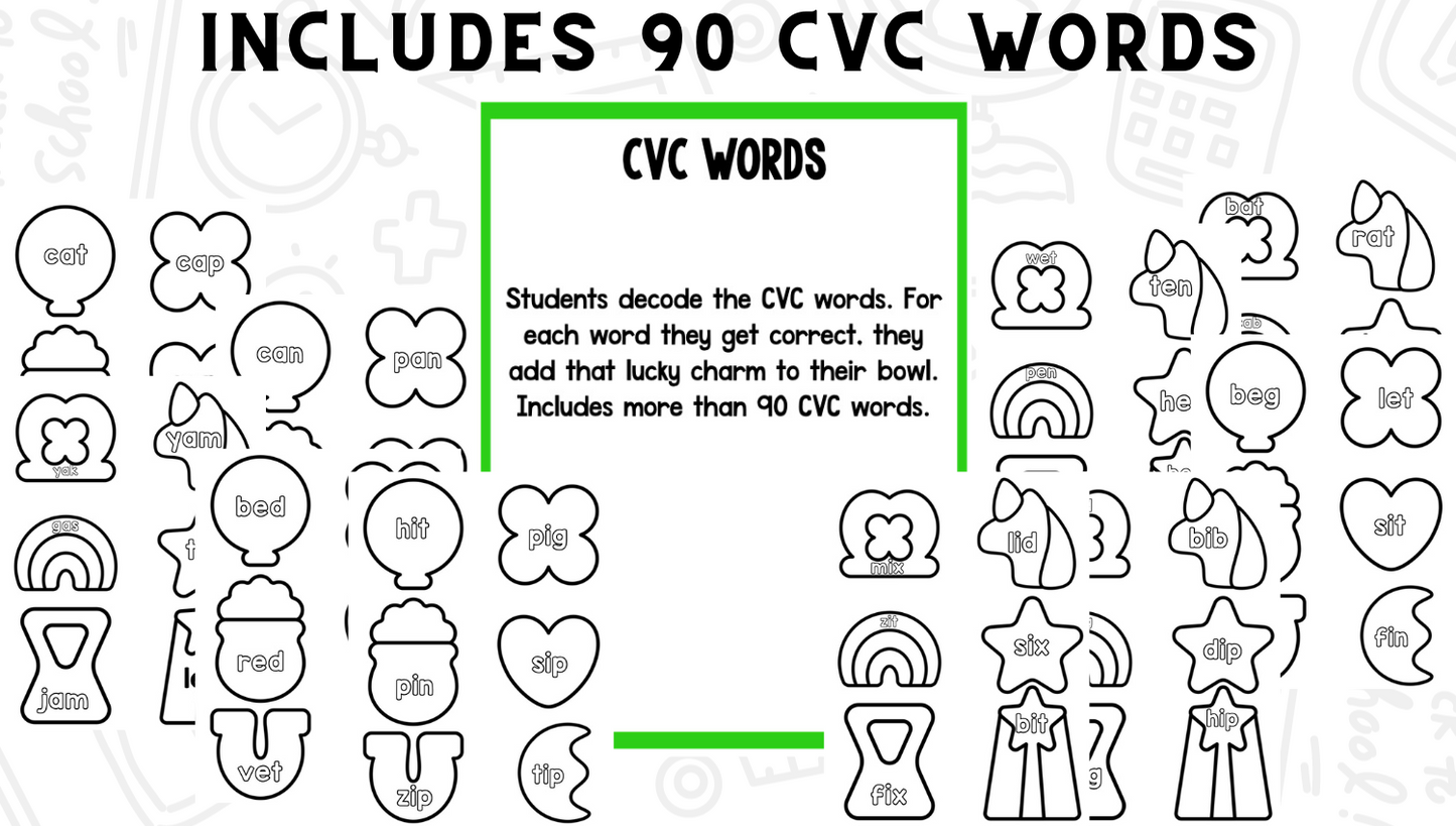 Lucky Charms Sight Words, CVC Words, & Letters Phonics Project