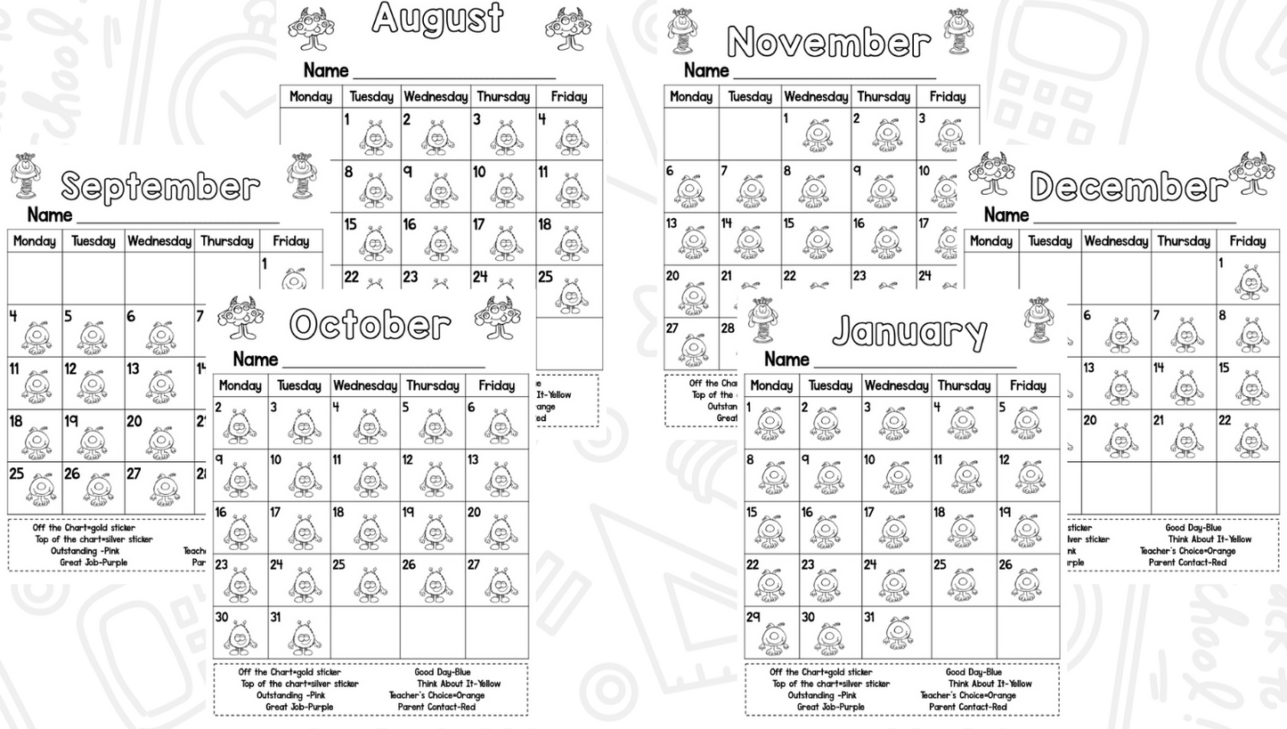 Behavior Calendar and Clip Chart (Monster Theme)