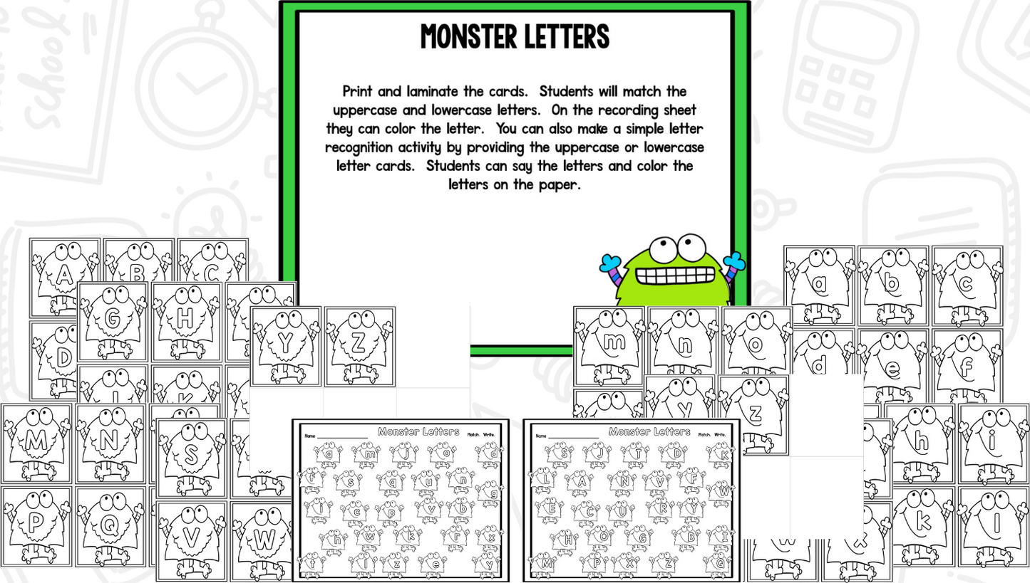 Monsters Blackline Math and Literacy Centers