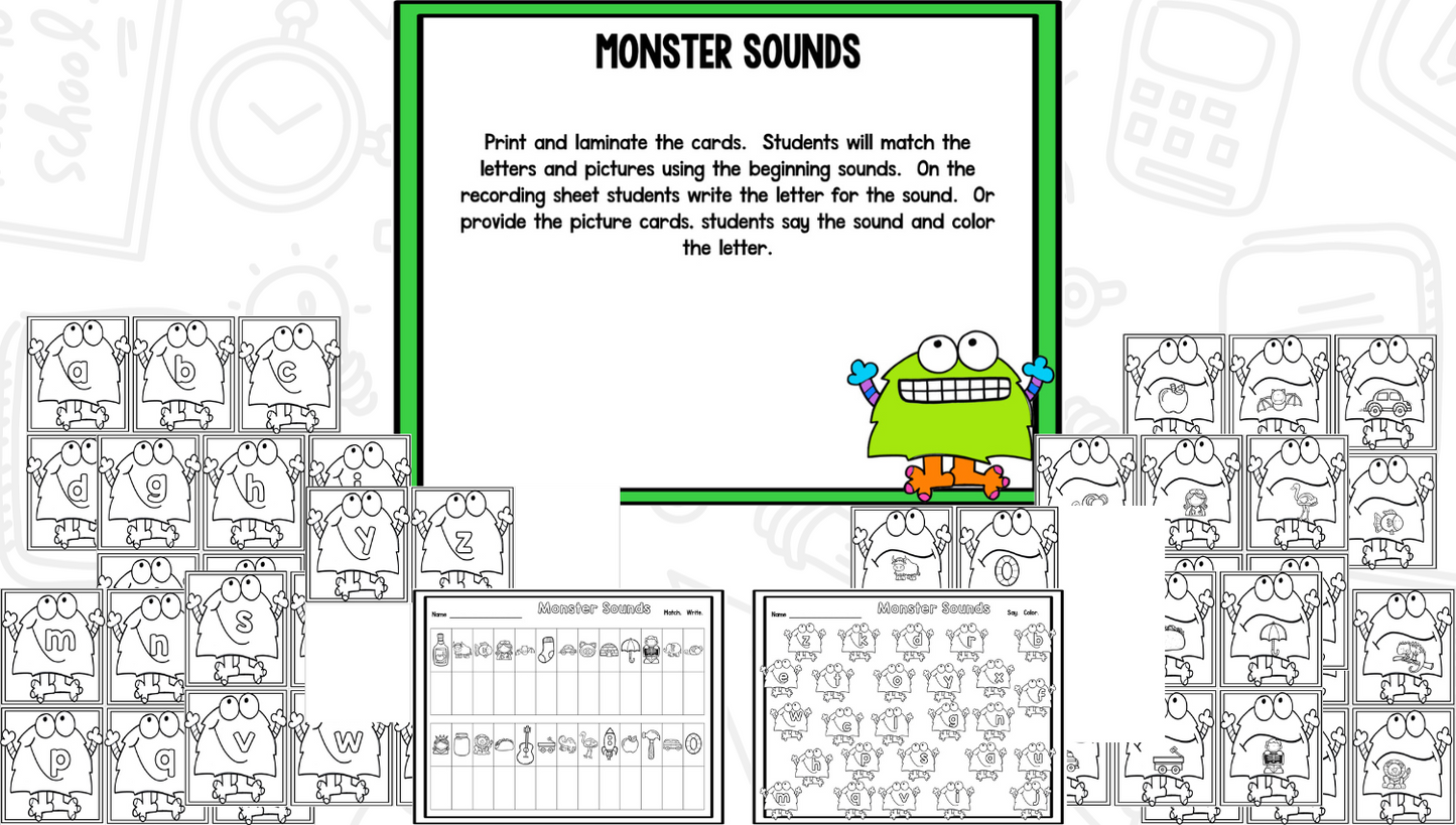 Monsters Blackline Math and Literacy Centers
