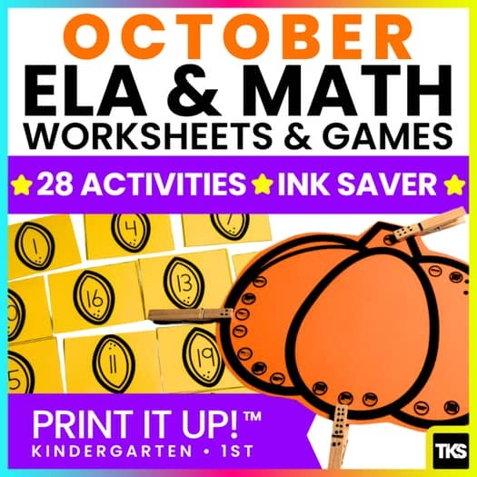 ELA & Math Low Prep Worksheets & Games Kindergarten - Print It Up! October