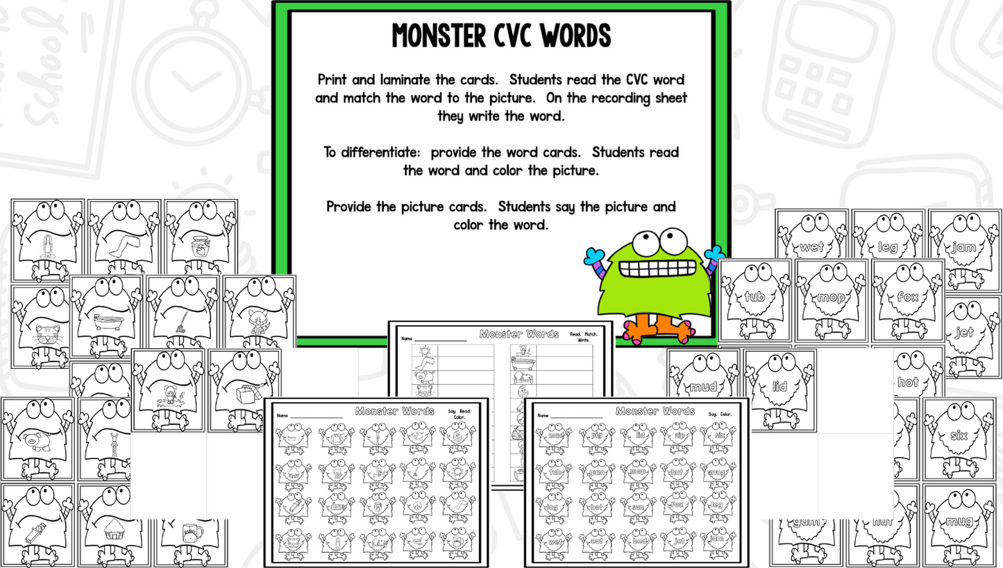 Monsters Blackline Math and Literacy Centers