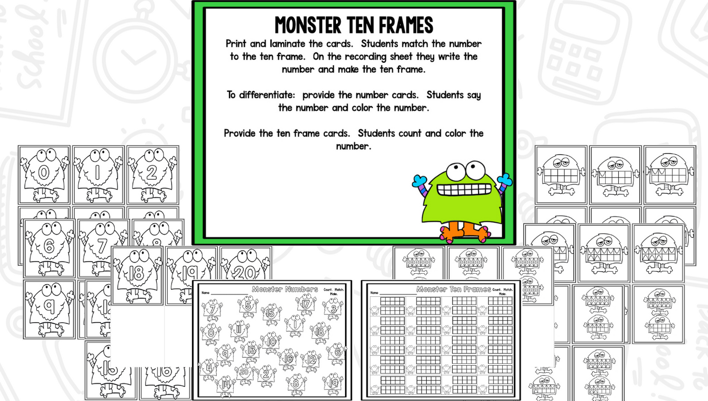 Monsters Blackline Math and Literacy Centers