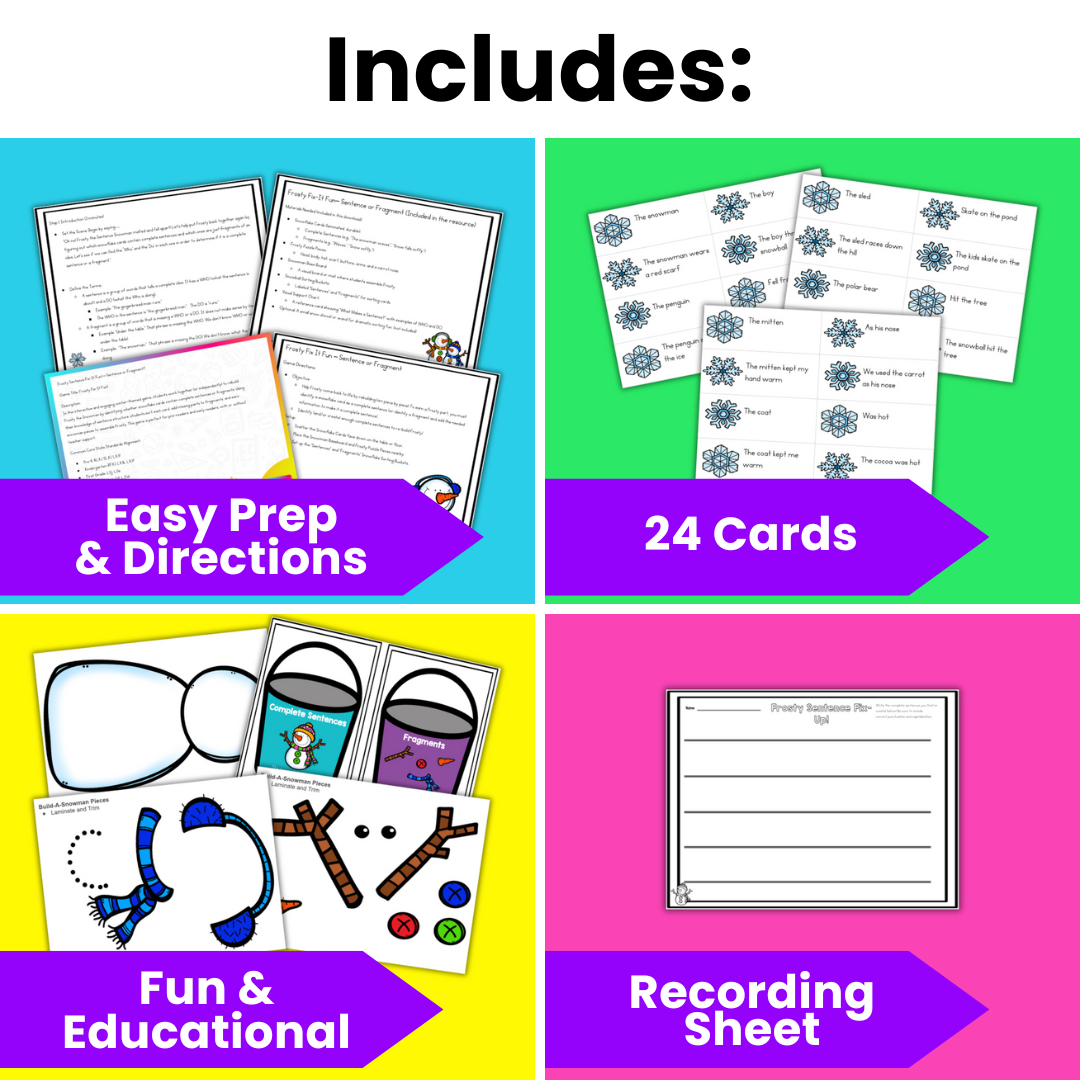 Fix It Up! Snowman Sentence Fragments Verses Complete Sentences and Components