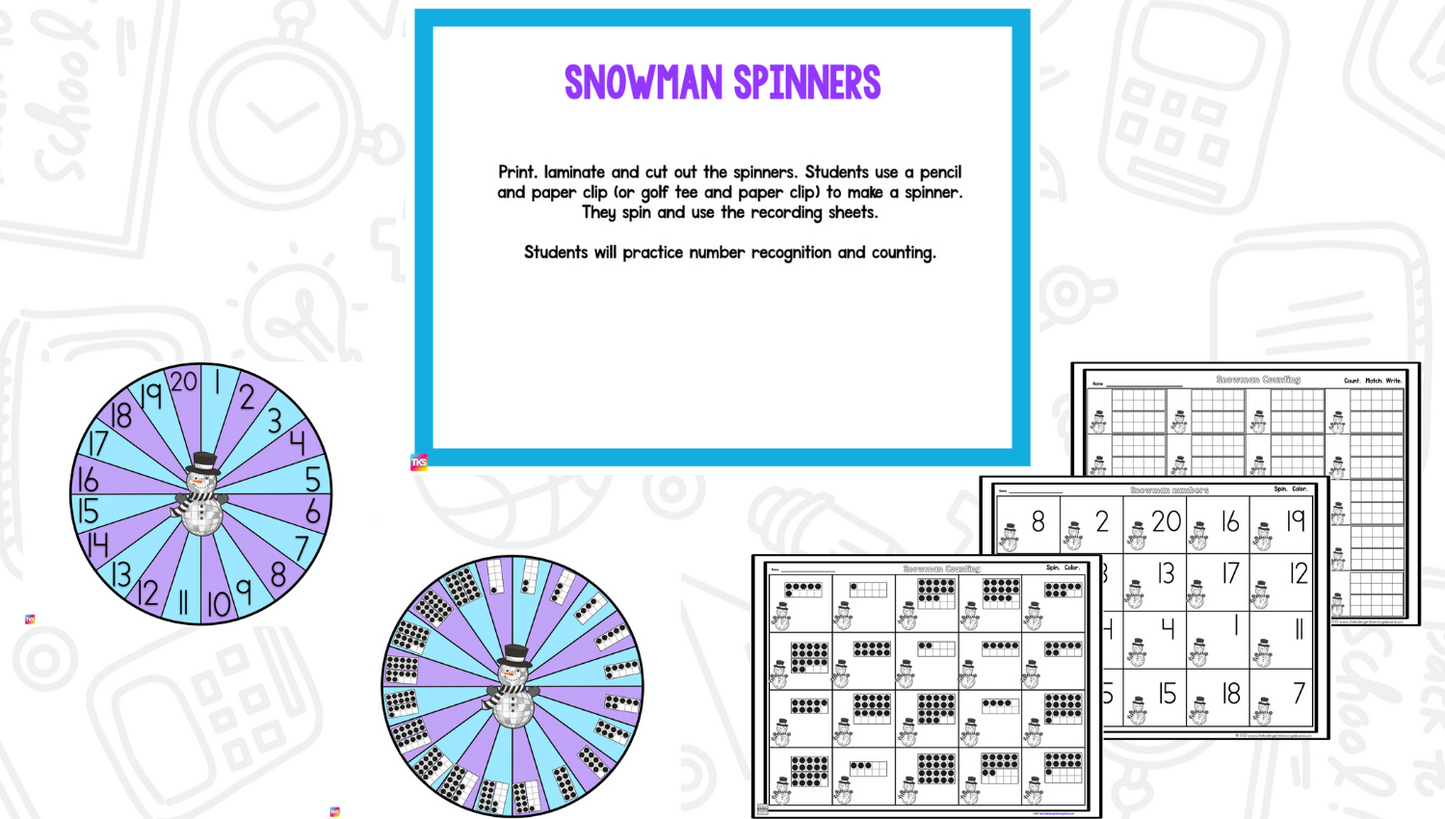 Disco Snowmen Math & Phonics Activities for Kindergarten