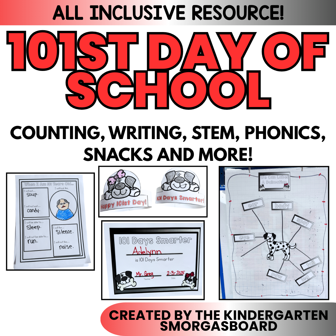 101st Day of School Writing, Counting, Phonics, Hat, STEM, & Decorations