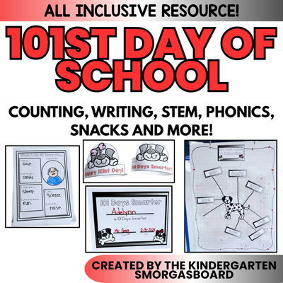 101st Day of School Writing, Counting, Phonics, Hat, STEM, & Decorations