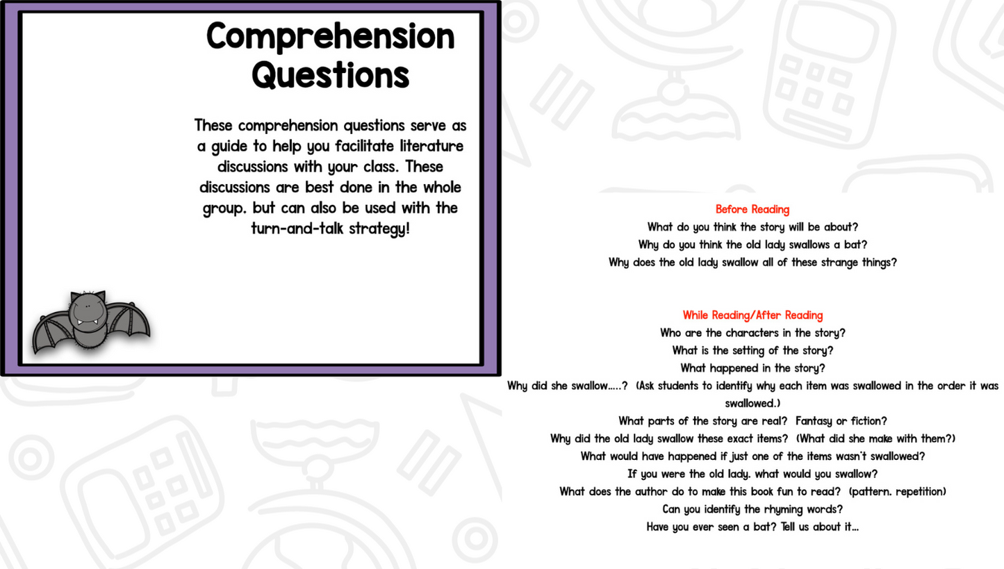 There Was an Old Lady Who Swallowed a Bat Reading Comprehension Activities - Read It Up!