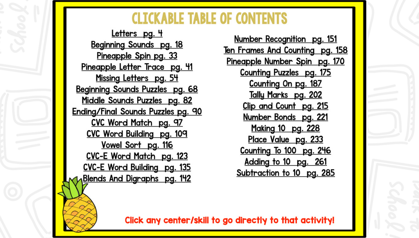 Pineapple Math and Literacy Centers