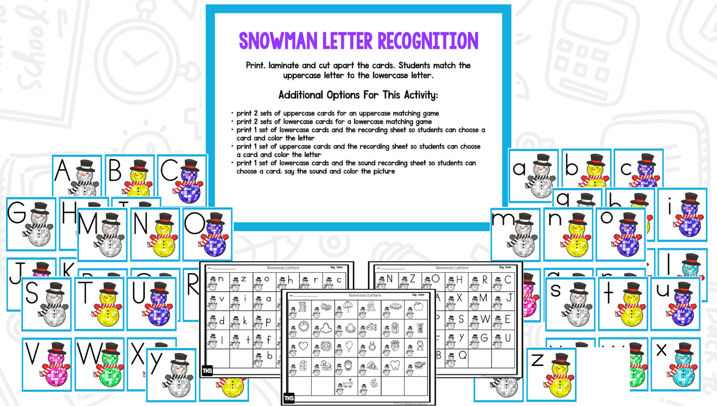 Disco Snowmen Math & Phonics Activities for Kindergarten