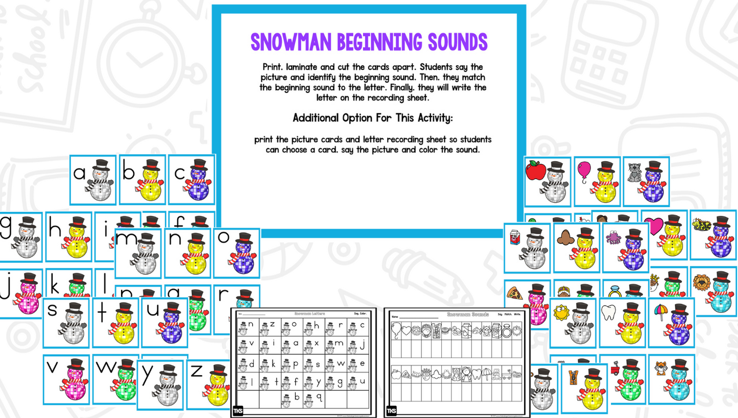 Disco Snowmen Math & Phonics Activities for Kindergarten