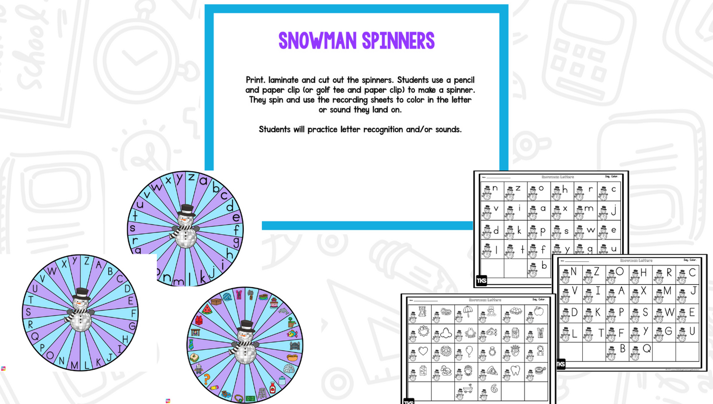 Disco Snowmen Math & Phonics Activities for Kindergarten