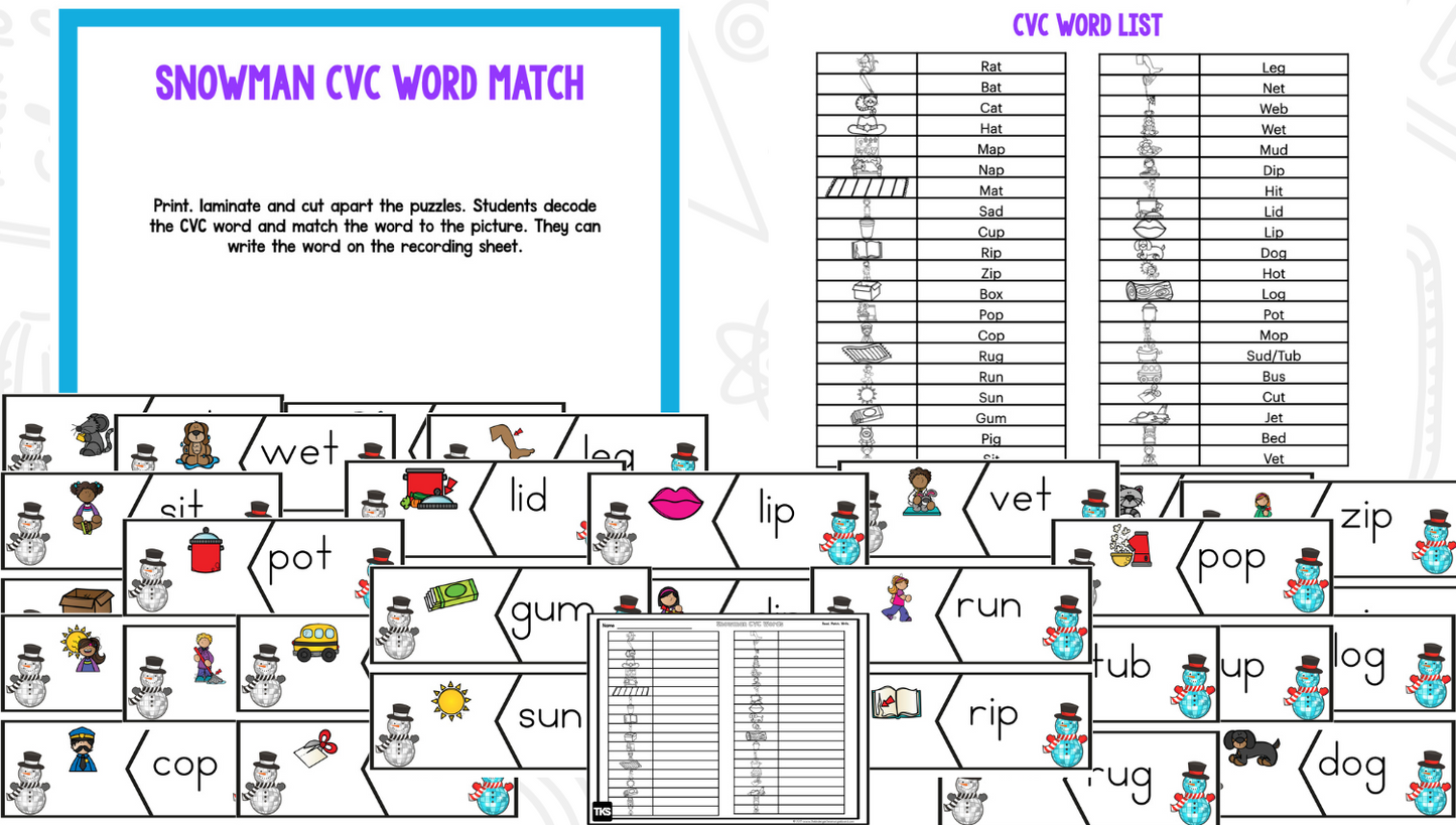 Disco Snowmen Math & Phonics Activities for Kindergarten