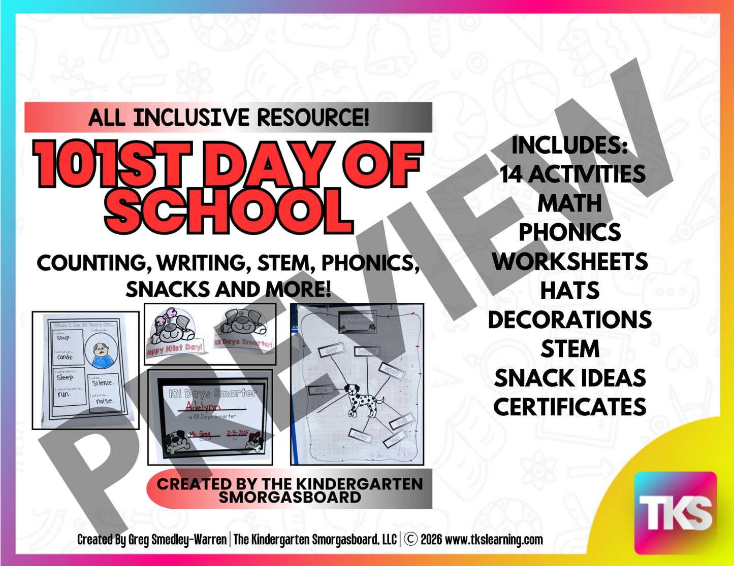 101st Day of School Writing, Counting, Phonics, Hat, STEM, & Decorations