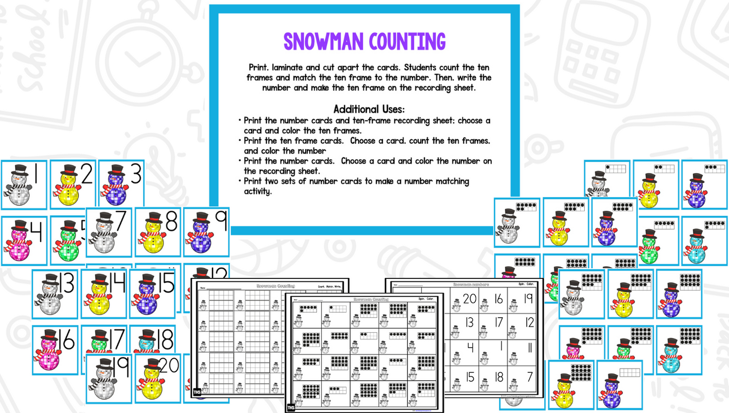 Disco Snowmen Math & Phonics Activities for Kindergarten