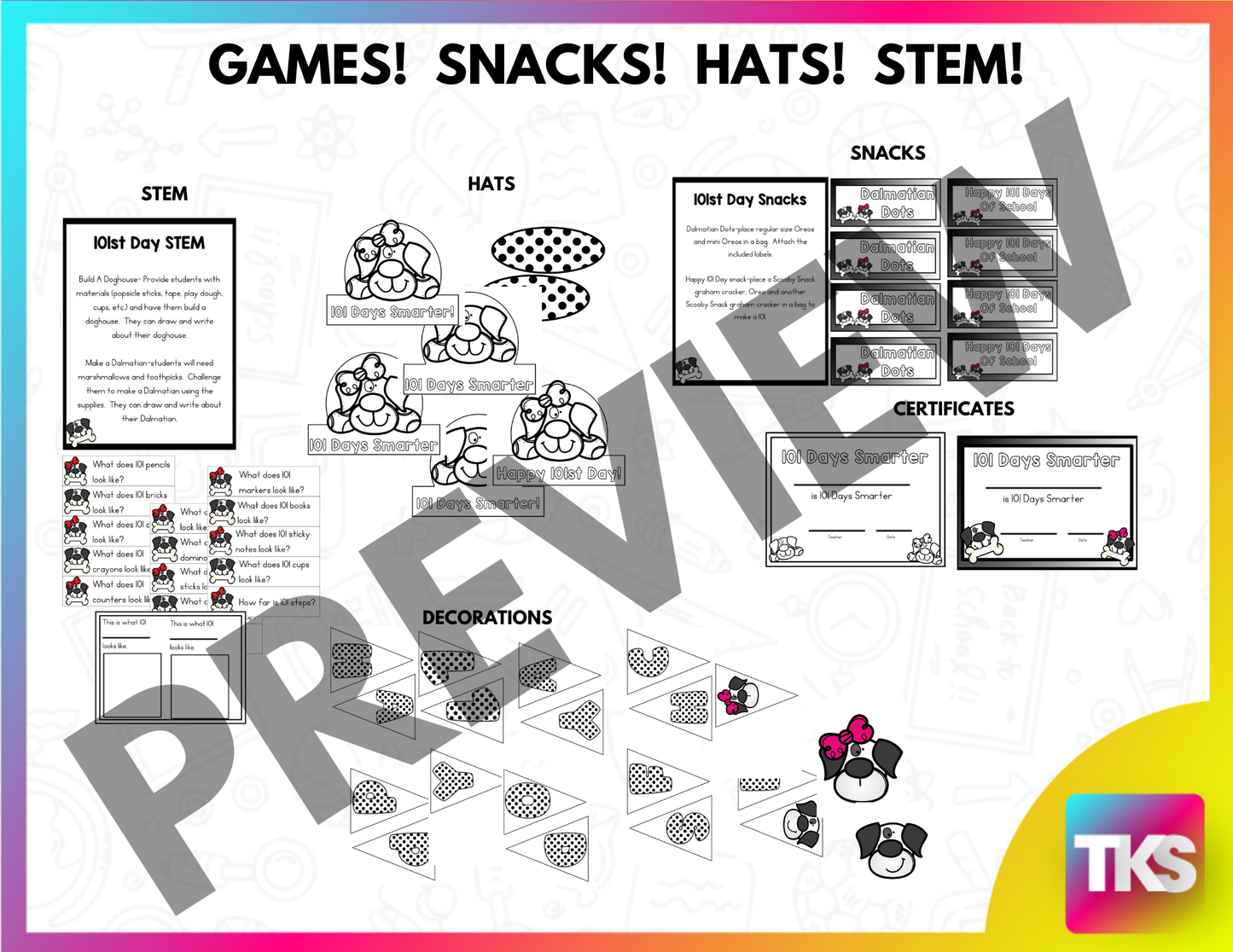 101st Day of School Writing, Counting, Phonics, Hat, STEM, & Decorations