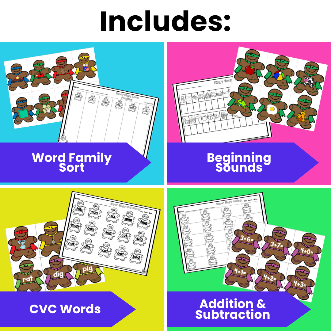 Gingerbread Superheroes Math and Literacy Centers!