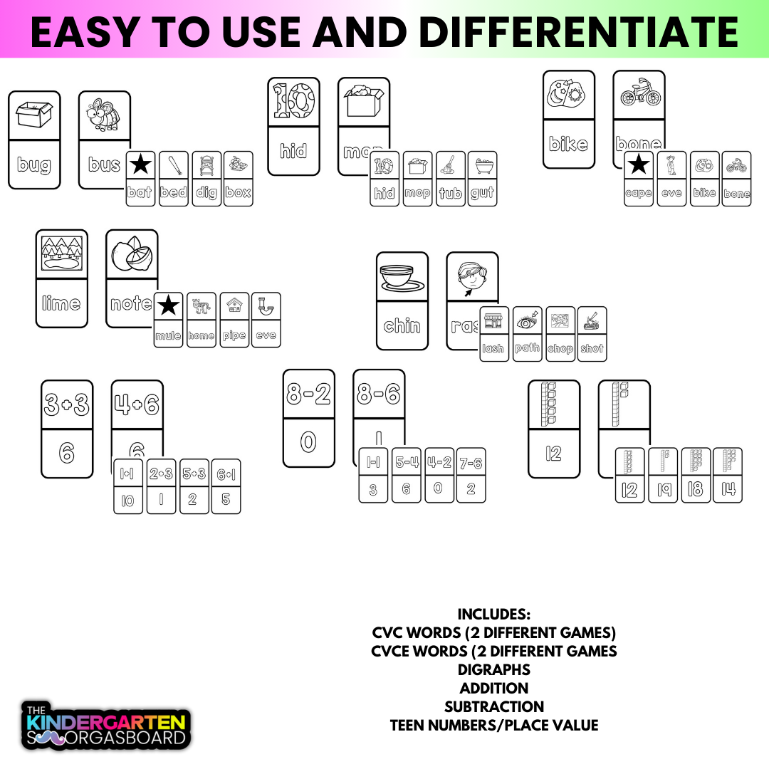 Kindergarten Math & Phonics Domino Games | Phonics Activities & Math Activities