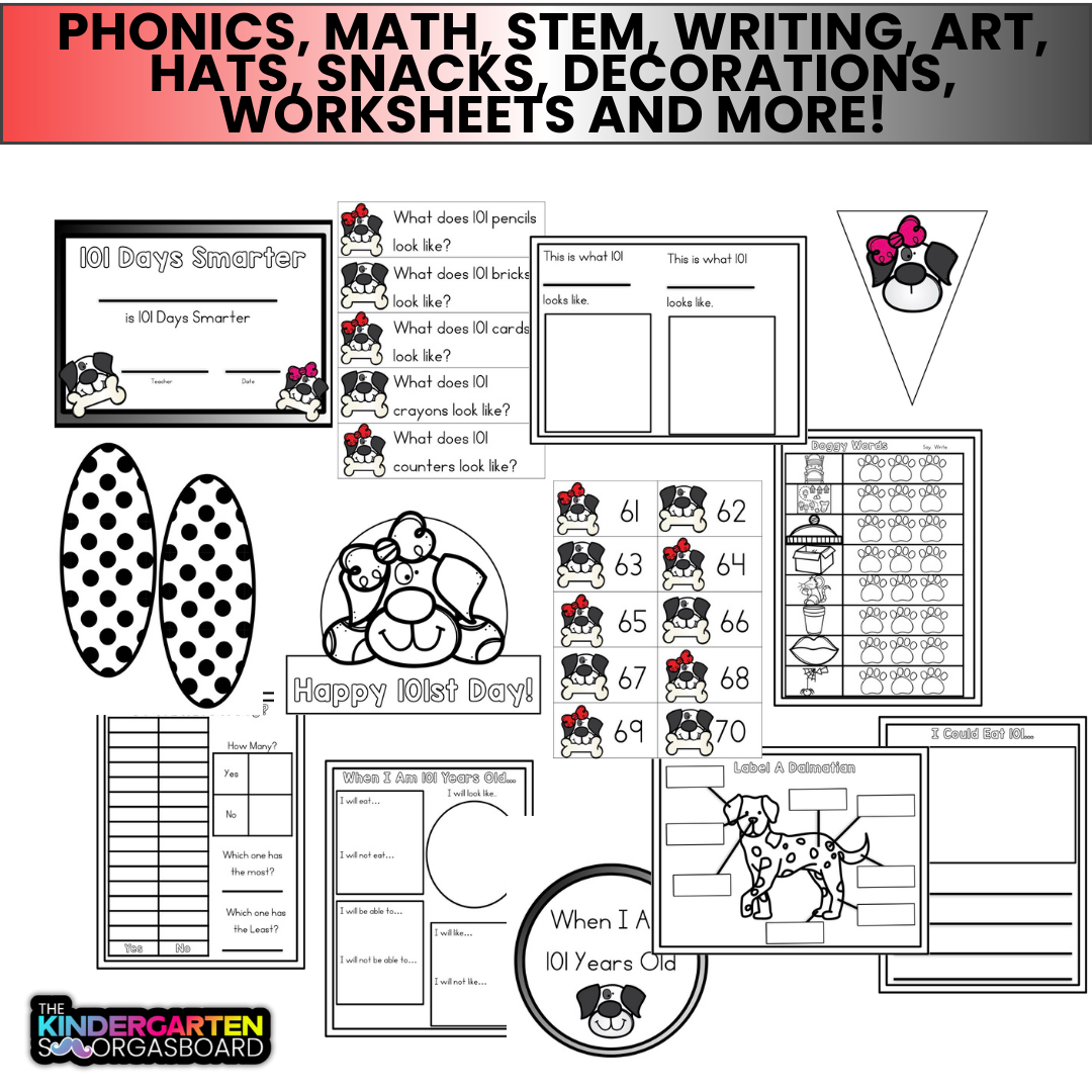 101st Day of School Writing, Counting, Phonics, Hat, STEM, & Decorations